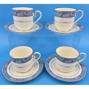 Vtg Noritake‎ Randolph Tea Cups and Saucers Set of 4 Bone China Blue Floral 9721